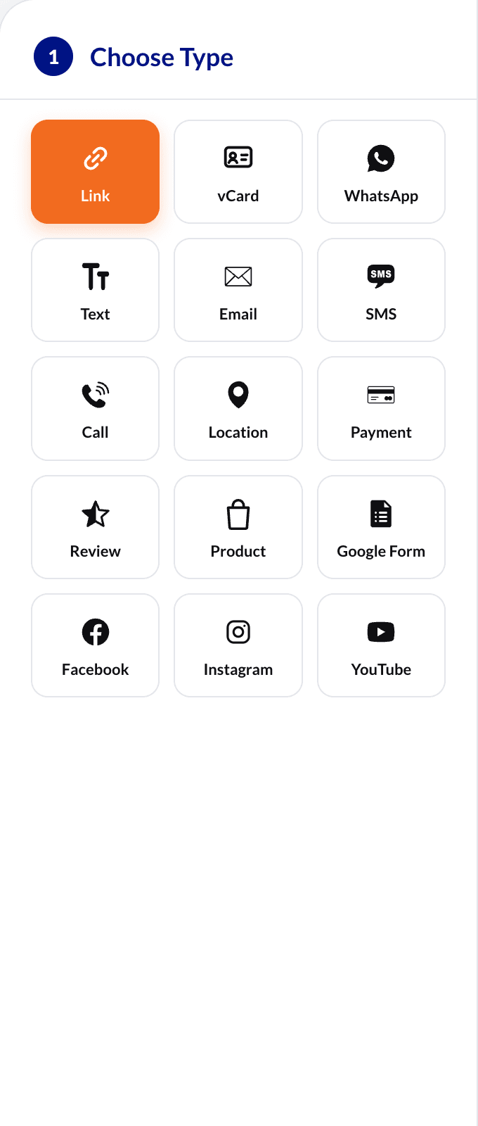 Step 1 of the bulk tool: the grid of QR code types to choose from