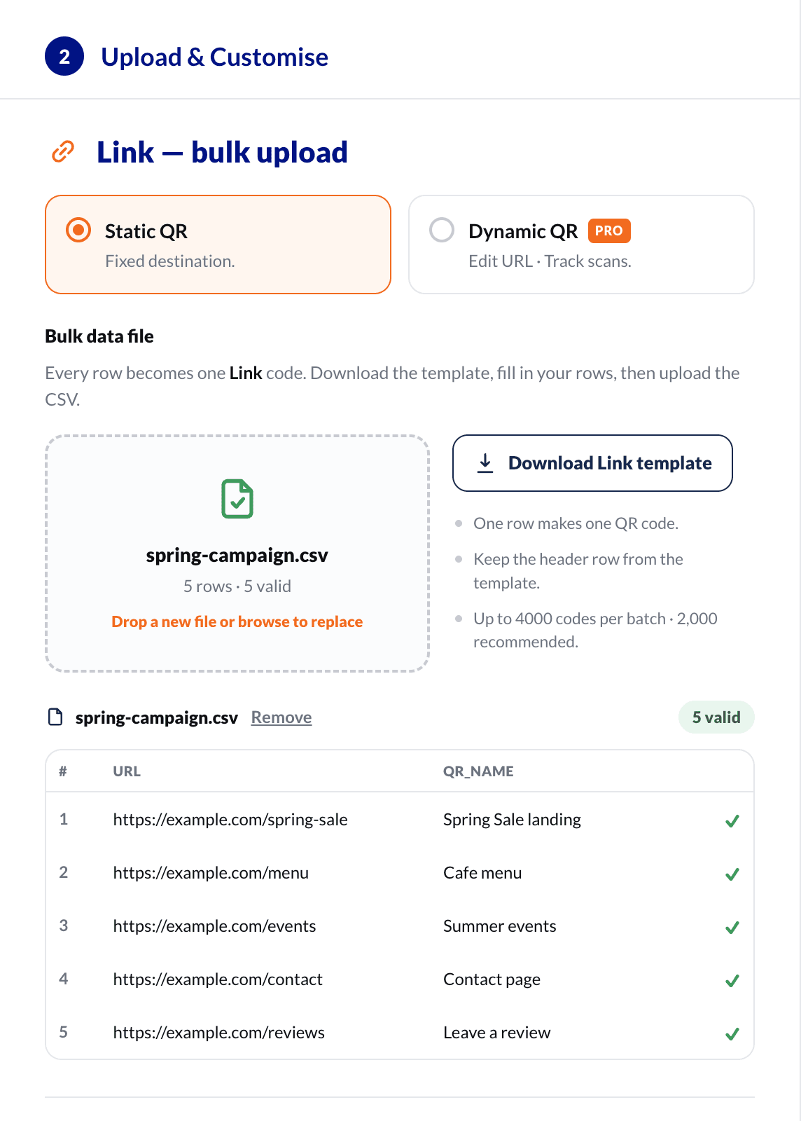Step 2 of the bulk tool: uploading a CSV file and customising the style of the batch
